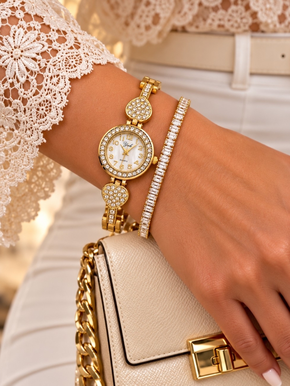 Golden Heart Glamour Watch & Bracelet Set